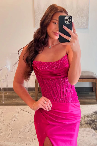 Strapless Hot Pink Mermaid Satin Prom Dress Formal Evening Dress  P954
