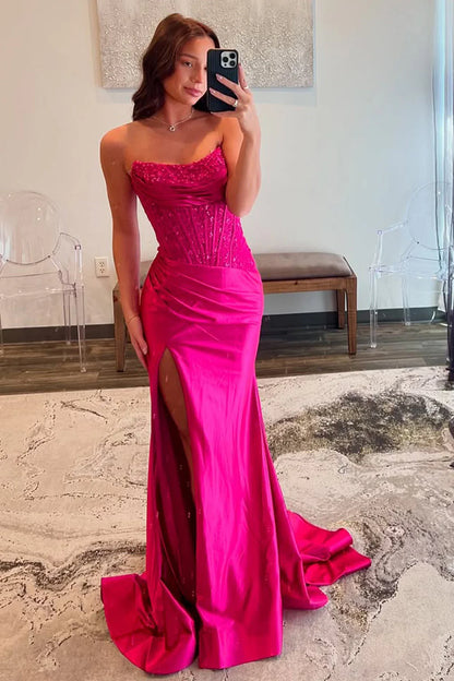 Strapless Hot Pink Mermaid Satin Prom Dress Formal Evening Dress  P954