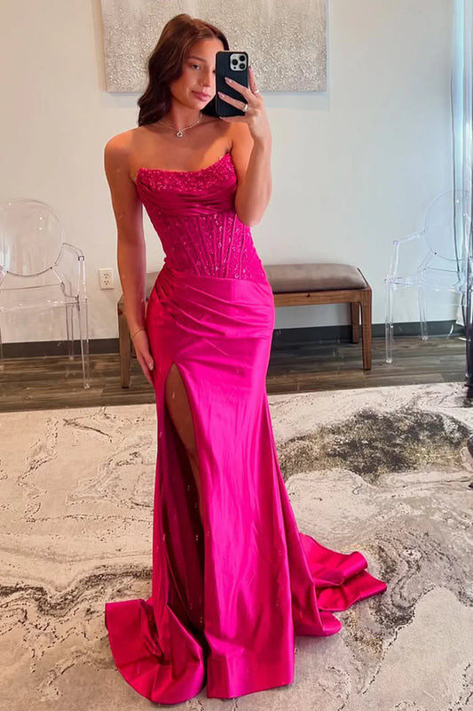 Strapless Hot Pink Mermaid Satin Prom Dress Formal Evening Dress  P954