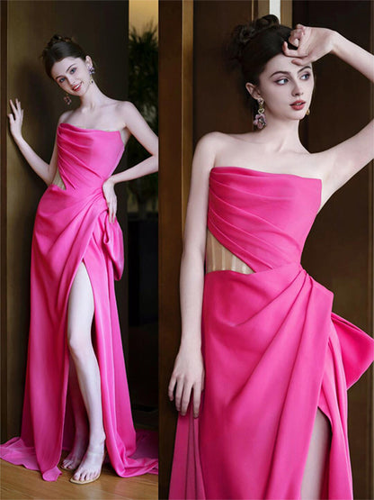 Strapless Hot Pink Sheath Formal Prom Dress with Slit   P787