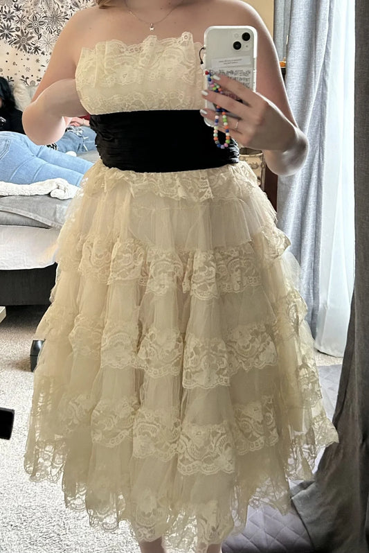 Strapless Ivory Lace Layered Homecoming Dress Short Birthday Dress  P1341