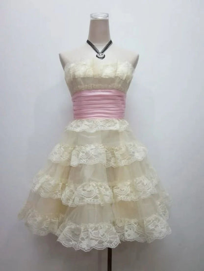 Strapless Ivory Lace Layered Homecoming Dress Short Birthday Dress  P1340