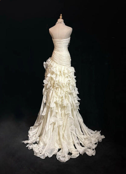 Strapless Ivory Ruffled Wedding Dress Sheath Evening Dress  P1864