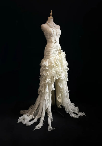 Strapless Ivory Ruffled Wedding Dress Sheath Evening Dress  P1864