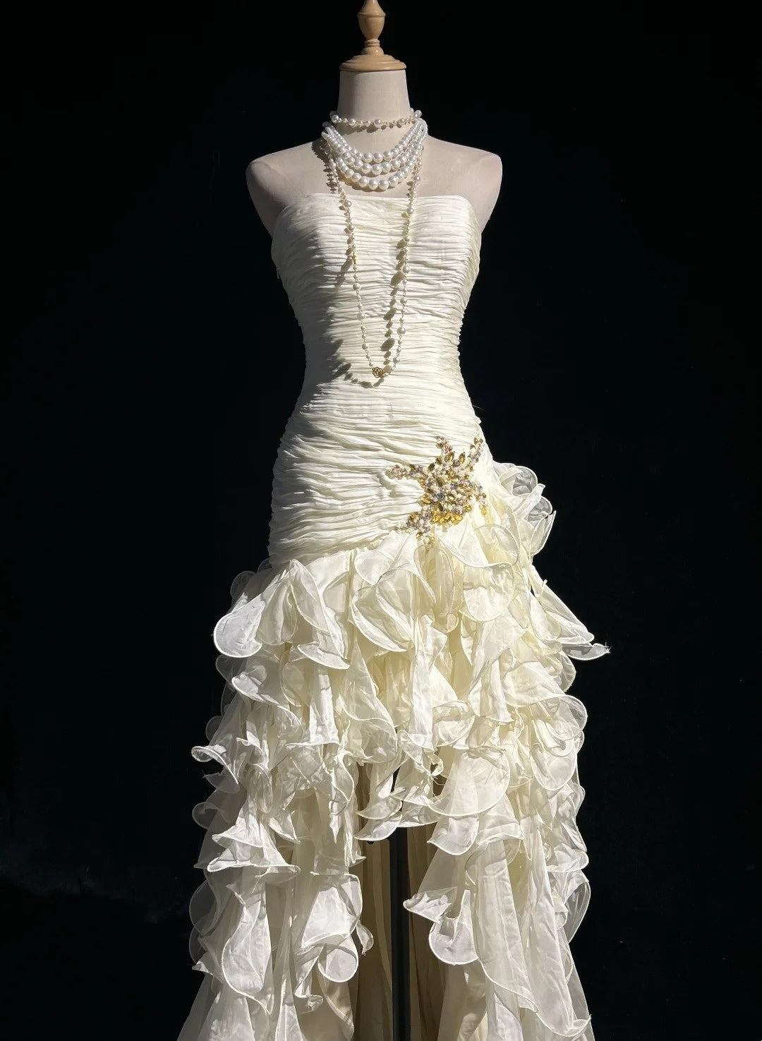 Strapless Ivory Ruffled Wedding Dress Sheath Evening Dress  P1864