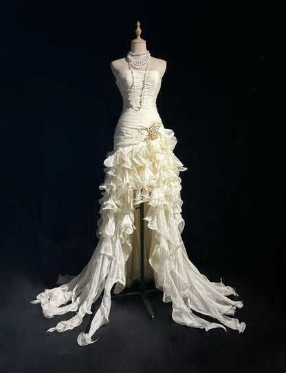 Strapless Ivory Ruffled Wedding Dress Sheath Evening Dress  P1864