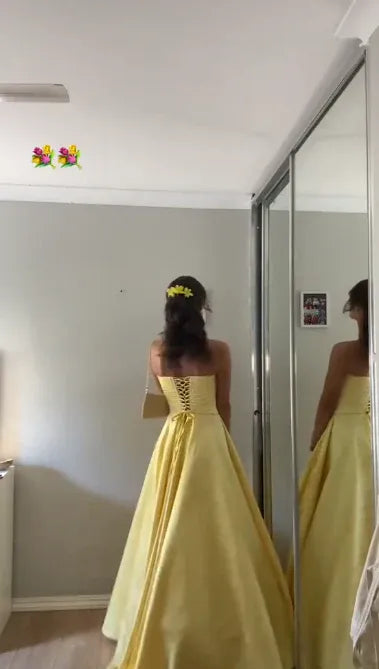 Strapless Lace-Up Yellow Floor-Length Prom Dresses P979