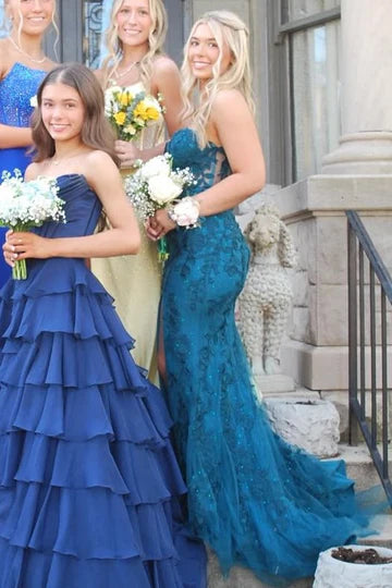 Strapless Lace Appliques Mermaid Long Prom Dress  P1139