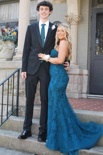 Strapless Lace Appliques Mermaid Long Prom Dress  P1139