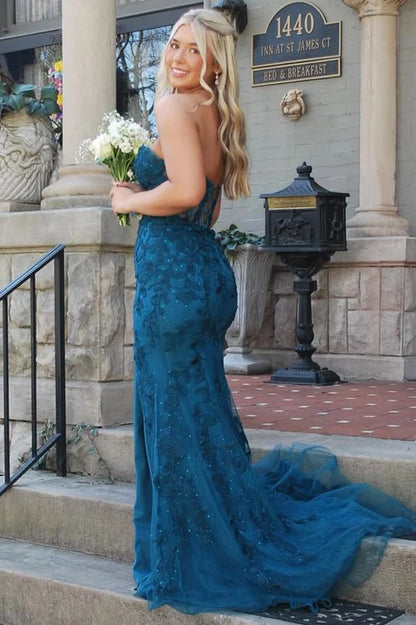 Strapless Lace Appliques Mermaid Long Prom Dress  P1139