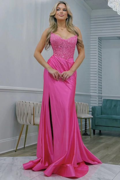 Strapless Lace Appliques Mermaid Long Prom Dresses With Slit  P2558