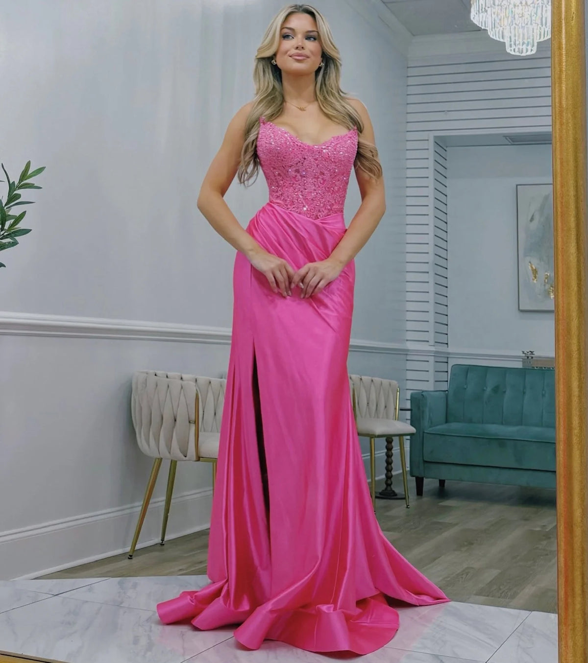 Strapless Lace Appliques Mermaid Long Prom Dresses With Slit  P2558
