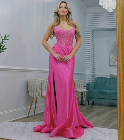 Strapless Lace Appliques Mermaid Long Prom Dresses With Slit  P2558