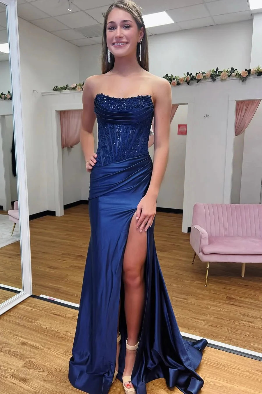 Strapless Lace Appliques Mermaid Party Prom Dress   P1012