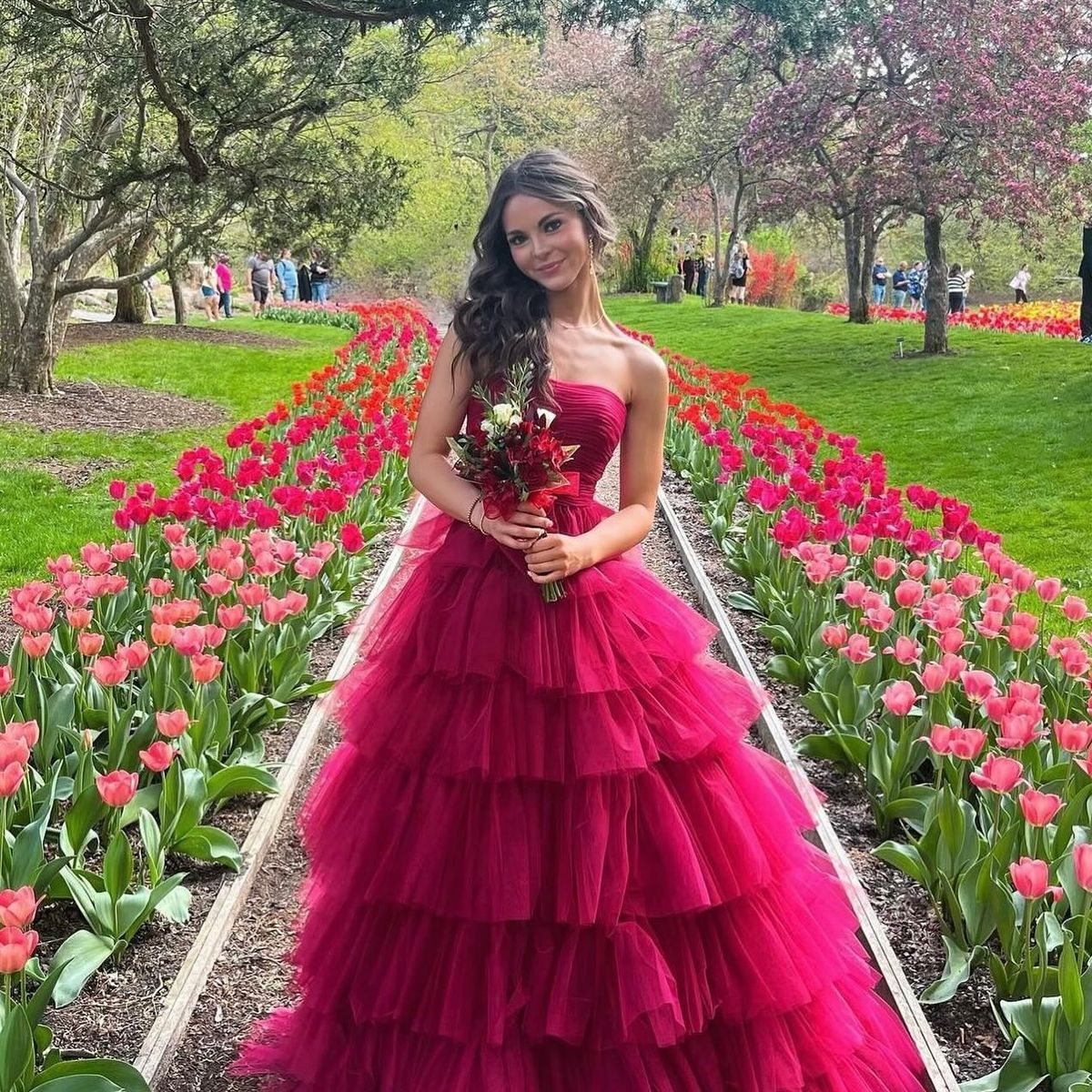 Strapless Layered Burgundy Formal Prom Dress A Line Evening Gown  P2700