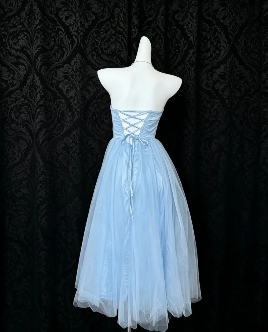 Strapless Light Blue Satin Prom Dress Beaded Evening Dress   P1315