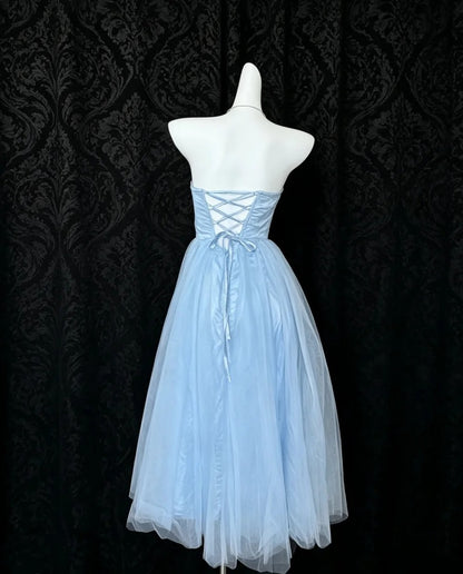 Strapless Light Blue Satin Prom Dress Beaded Evening Dress   P1315