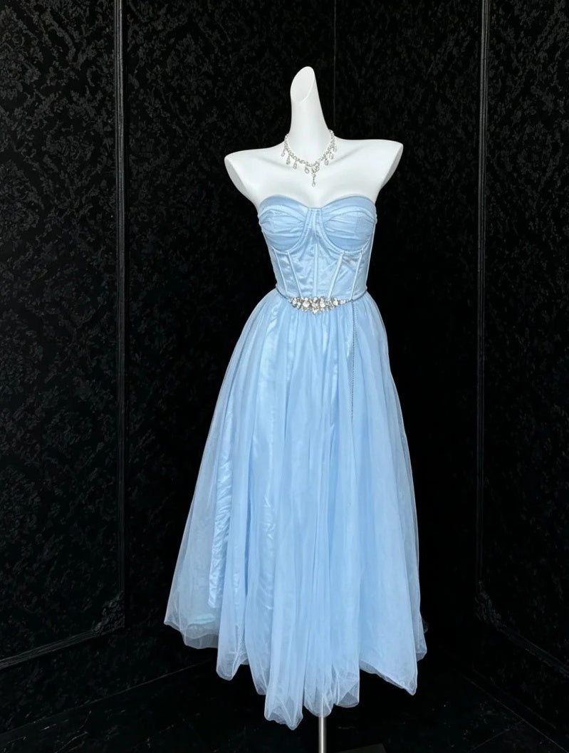 Strapless Light Blue Satin Prom Dress Beaded Evening Dress   P1315