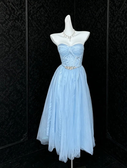 Strapless Light Blue Satin Prom Dress Beaded Evening Dress   P1315