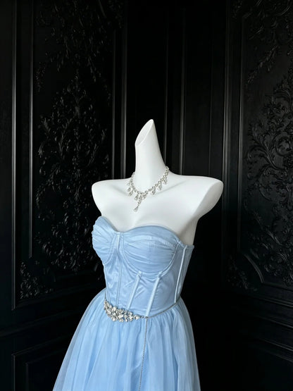 Strapless Light Blue Satin Prom Dress Beaded Evening Dress   P1315