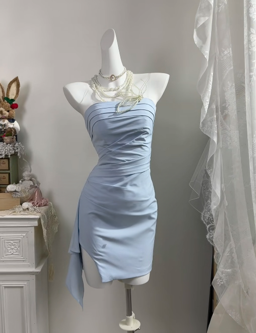 Strapless Light Blue Sheath Homecoming Dress Short Party Dress   P1876