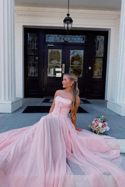 Strapless Light Pink Front Bow Long Dress With Slit  P2539