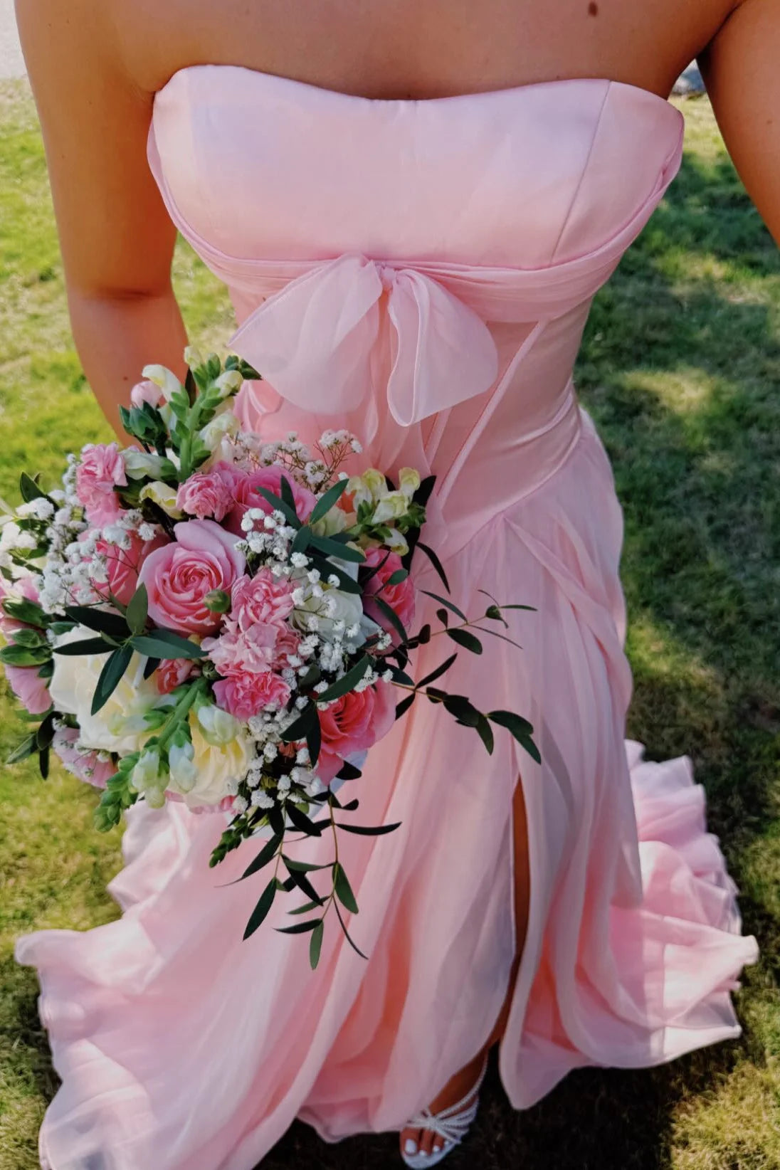 Strapless Light Pink Front Bow Long Dress With Slit  P2539