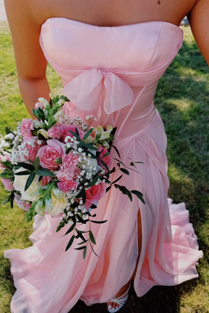 Strapless Light Pink Front Bow Long Dress With Slit  P2539