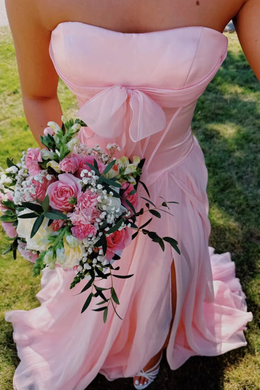 Strapless Light Pink Front Bow Long Dress With Slit  P2539