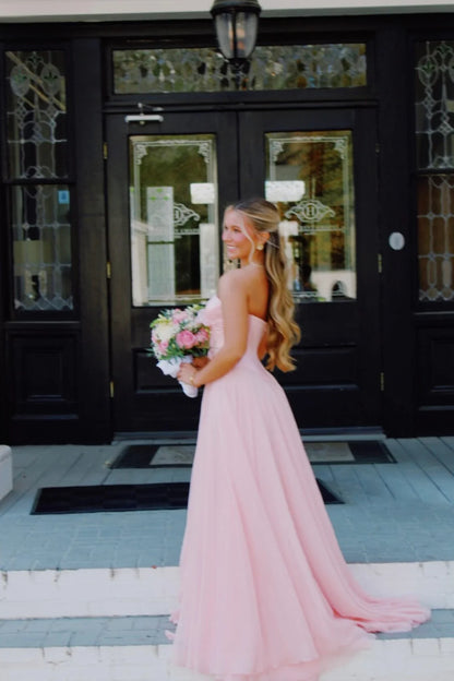 Strapless Light Pink Front Bow Long Dress With Slit  P2539