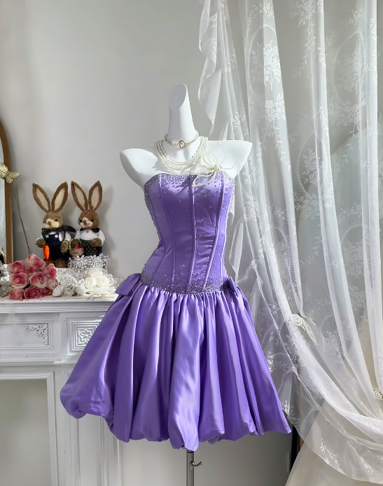Strapless Light Purple Satin Homecoming Dress Beaded Birthday Dress  P1813