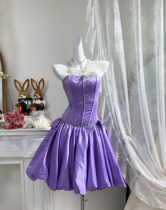 Strapless Light Purple Satin Homecoming Dress Beaded Birthday Dress  P1813