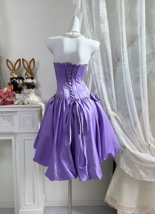 Strapless Light Purple Satin Homecoming Dress Beaded Birthday Dress  P1813