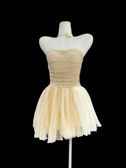 Strapless Light Yellow A Line Tulle Homecoming Dress  P1470