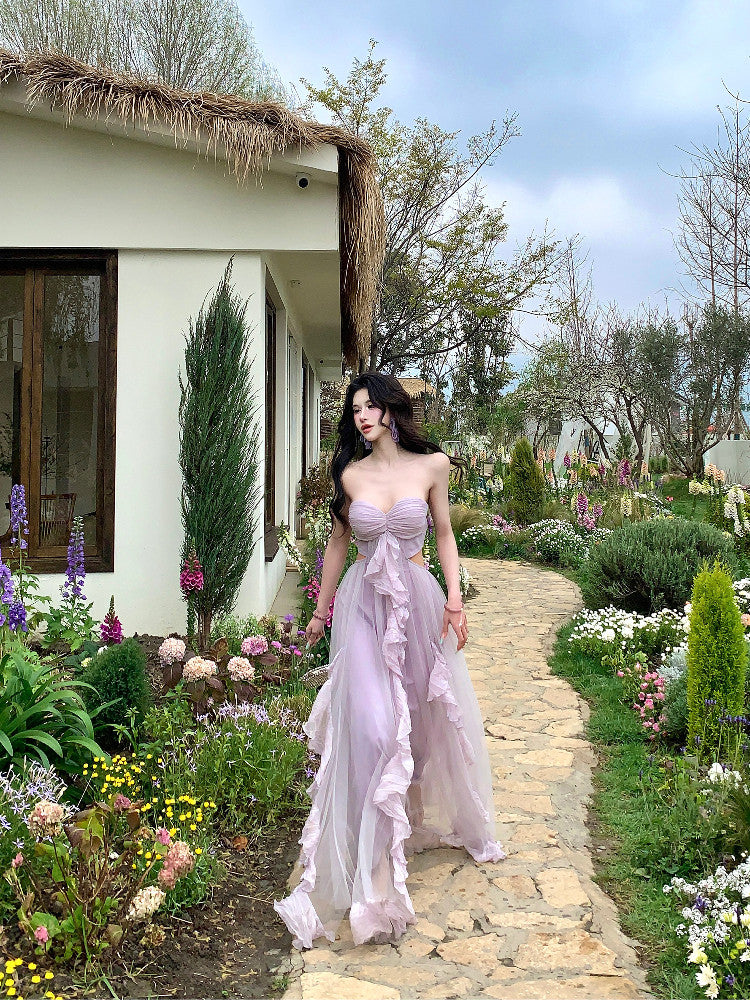 Strapless Lilac A Line Wedding Guest Dress Ruffled Party Dress  P705