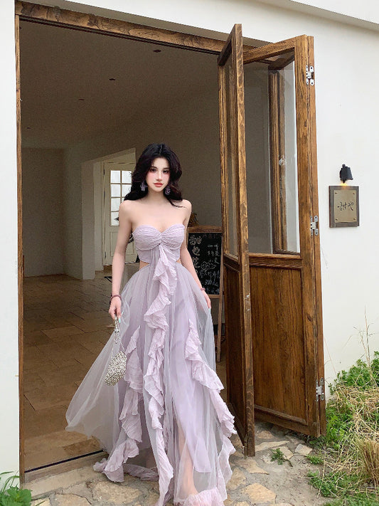 Strapless Lilac A Line Wedding Guest Dress Ruffled Party Dress  P705