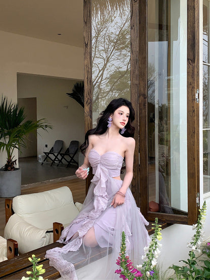 Strapless Lilac A Line Wedding Guest Dress Ruffled Party Dress  P705