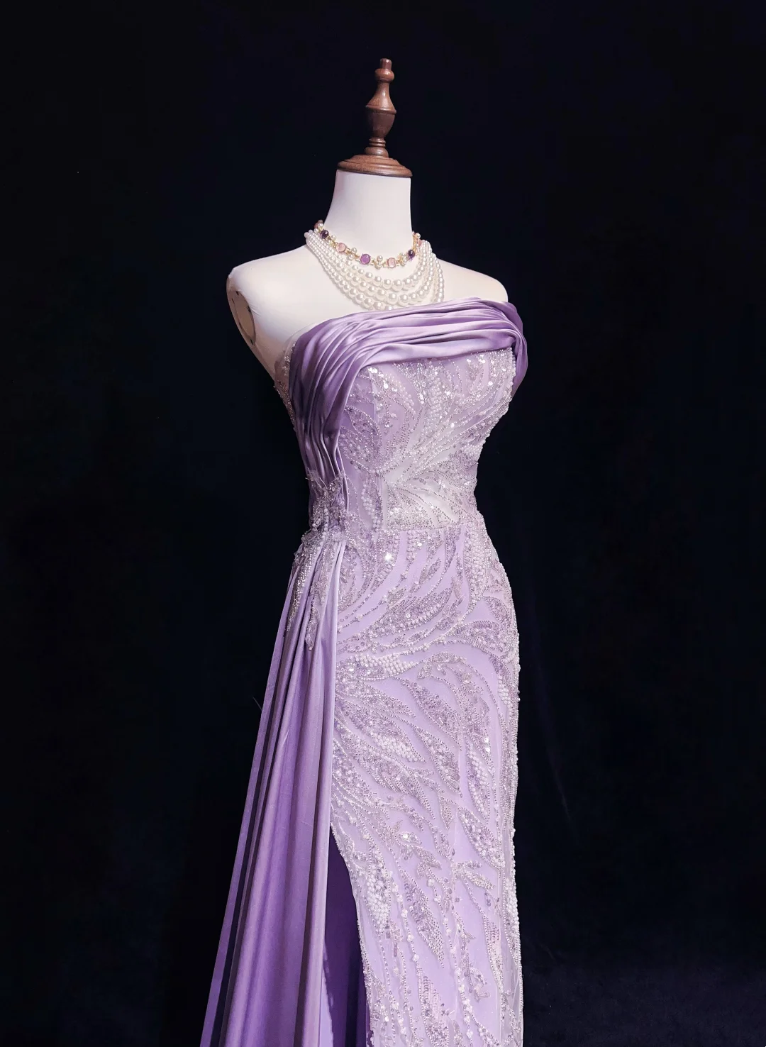 Strapless Lilac Beading Lace Formal Prom Dress With Slit P880