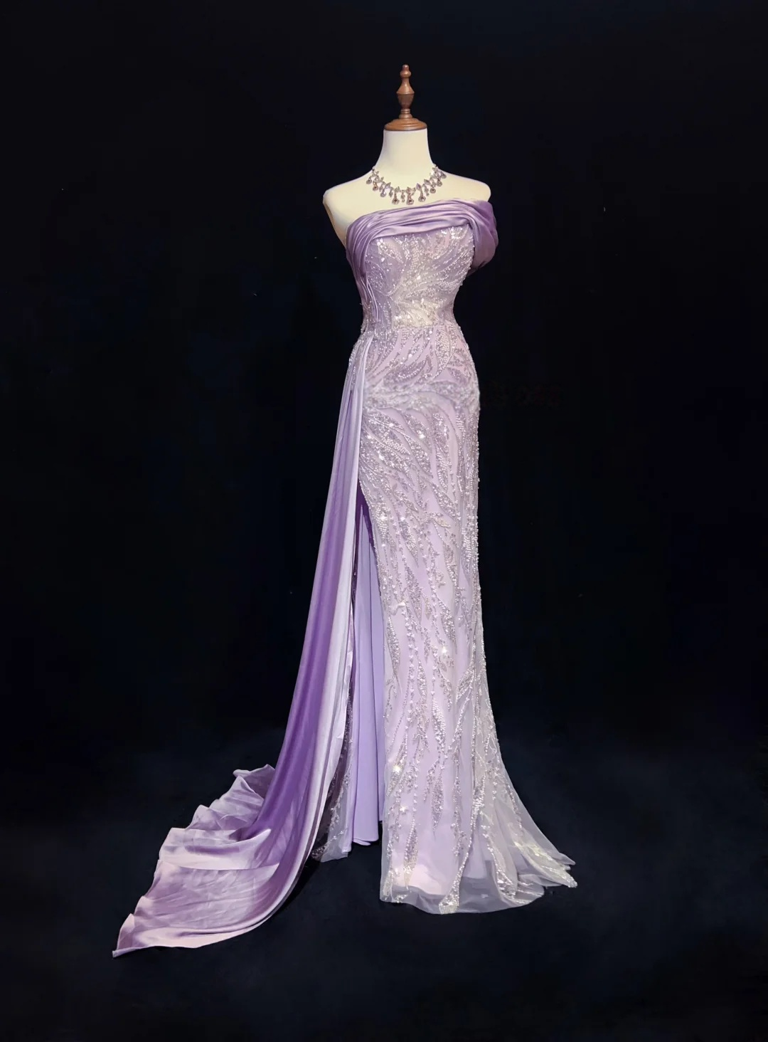 Strapless Lilac Beading Lace Formal Prom Dress With Slit P880