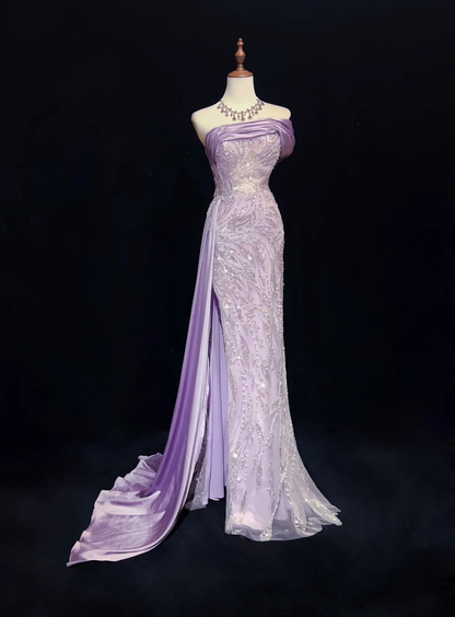Strapless Lilac Beading Lace Formal Prom Dress With Slit P880