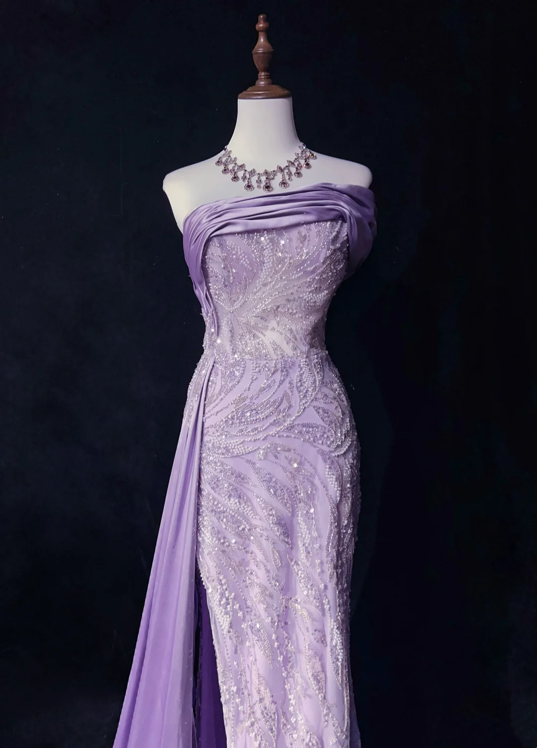 Strapless Lilac Beading Lace Formal Prom Dress With Slit P880