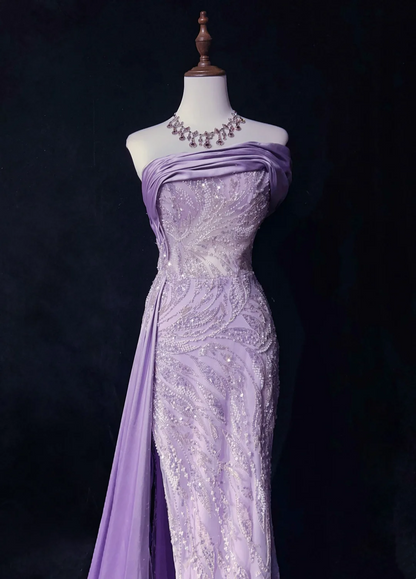 Strapless Lilac Beading Lace Formal Prom Dress With Slit P880