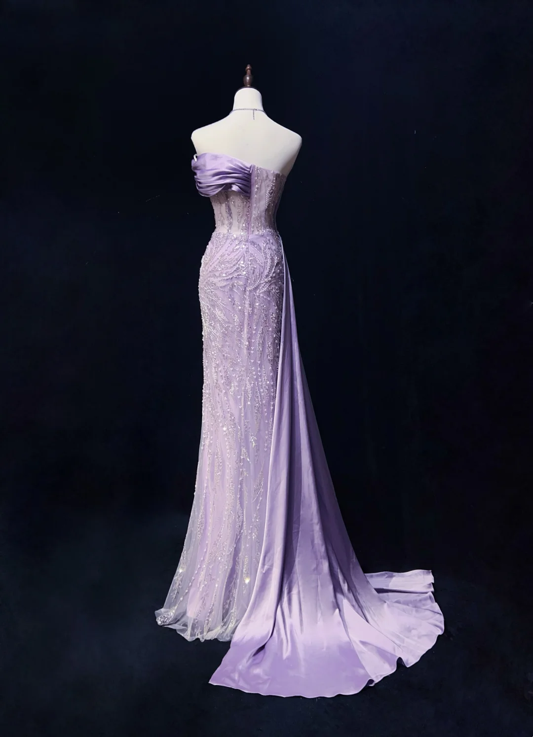 Strapless Lilac Beading Lace Formal Prom Dress With Slit P880