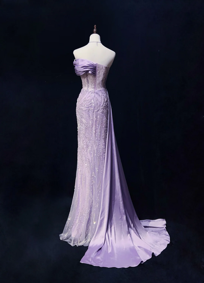 Strapless Lilac Beading Lace Formal Prom Dress With Slit P880