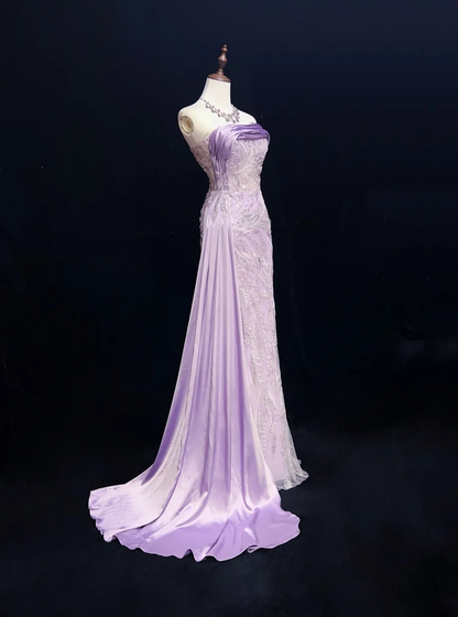 Strapless Lilac Beading Lace Formal Prom Dress With Slit P880