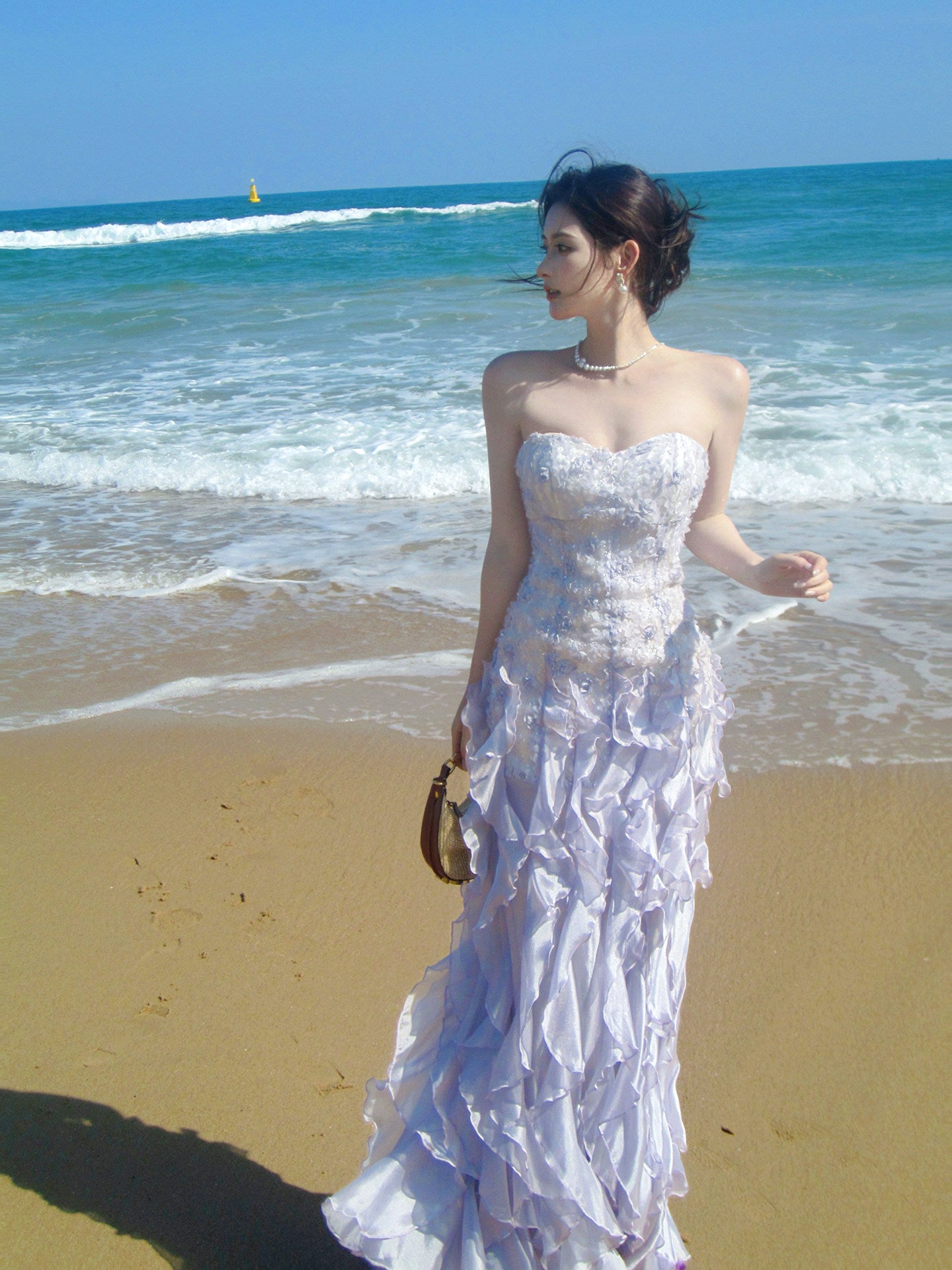Strapless Lilac Ruffled Prom Dress A Line Chiffon Formal Wedding Dress   L61