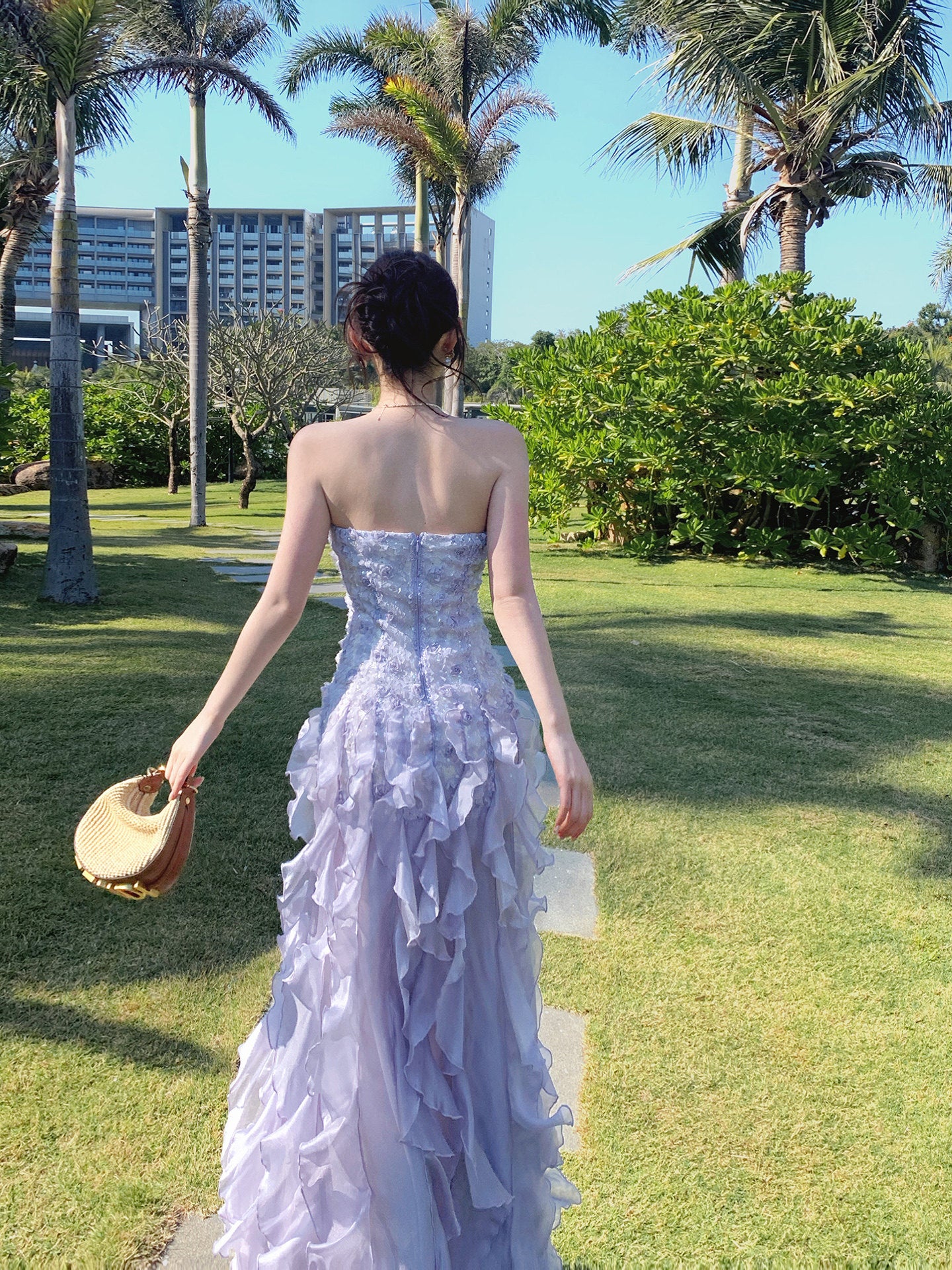 Strapless Lilac Ruffled Prom Dress A Line Chiffon Formal Wedding Dress   L61
