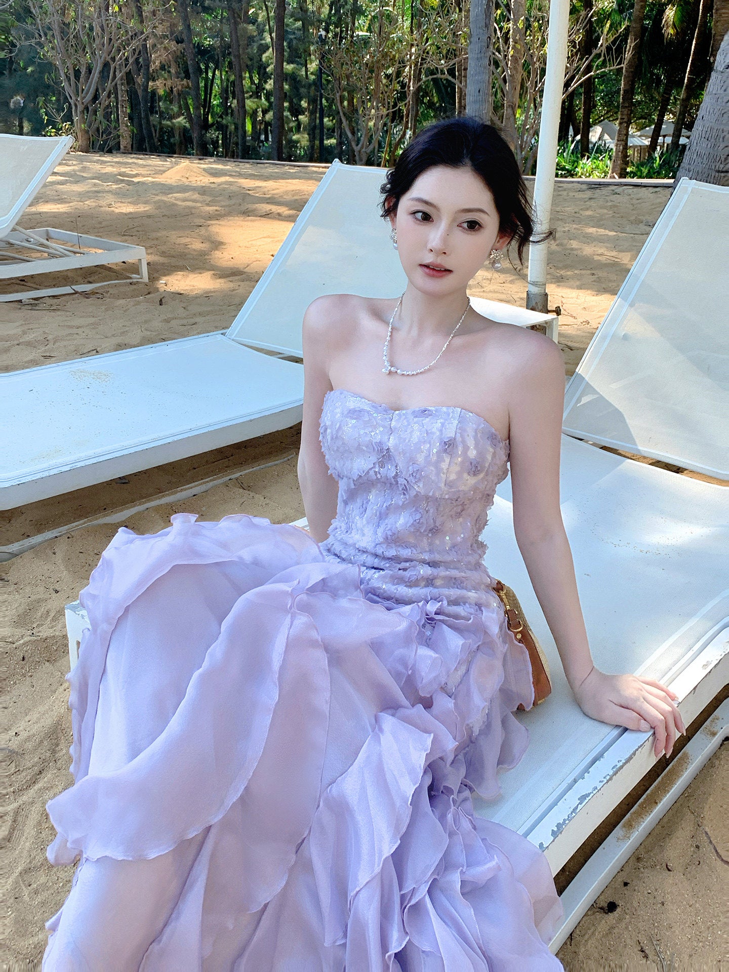 Strapless Lilac Ruffled Prom Dress A Line Chiffon Formal Wedding Dress   L61
