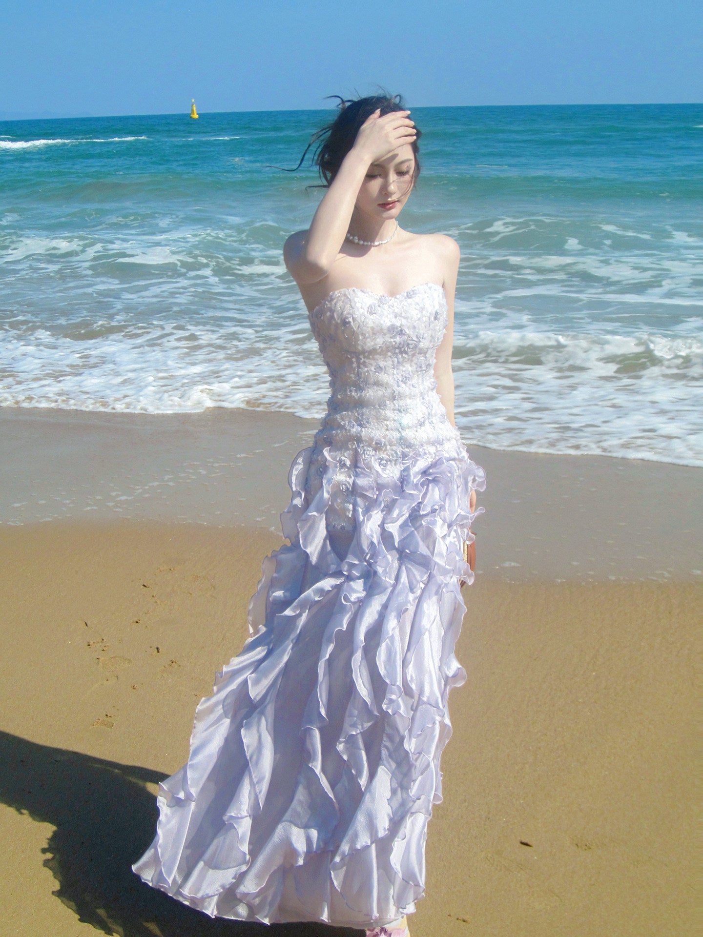 Strapless Lilac Ruffled Prom Dress A Line Chiffon Formal Wedding Dress   L61