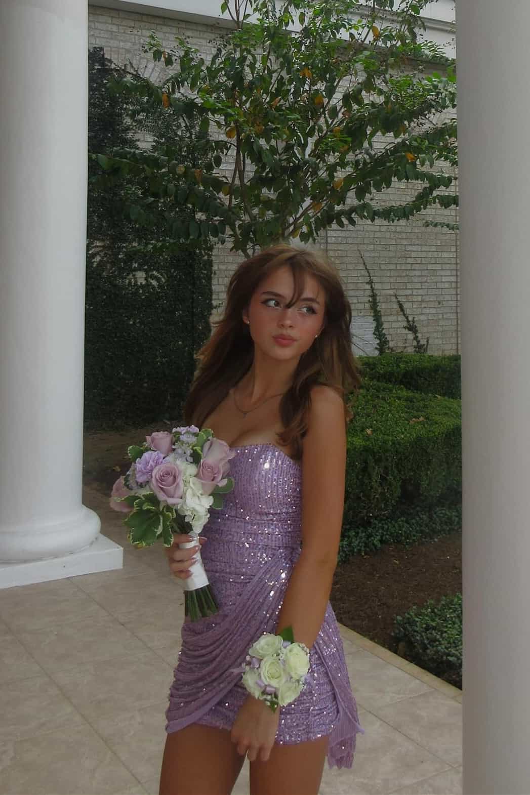 Strapless Lilac Sequin Short Homecoming Dress With Train  P1861